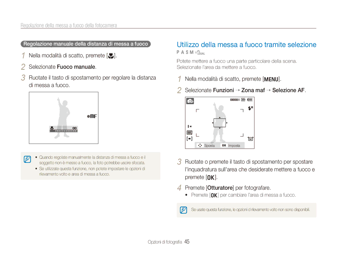 Samsung EC-WB100BBP/IT Utilizzo della messa a fuoco tramite selezione, Regolazione della messa a fuoco della fotocamera 