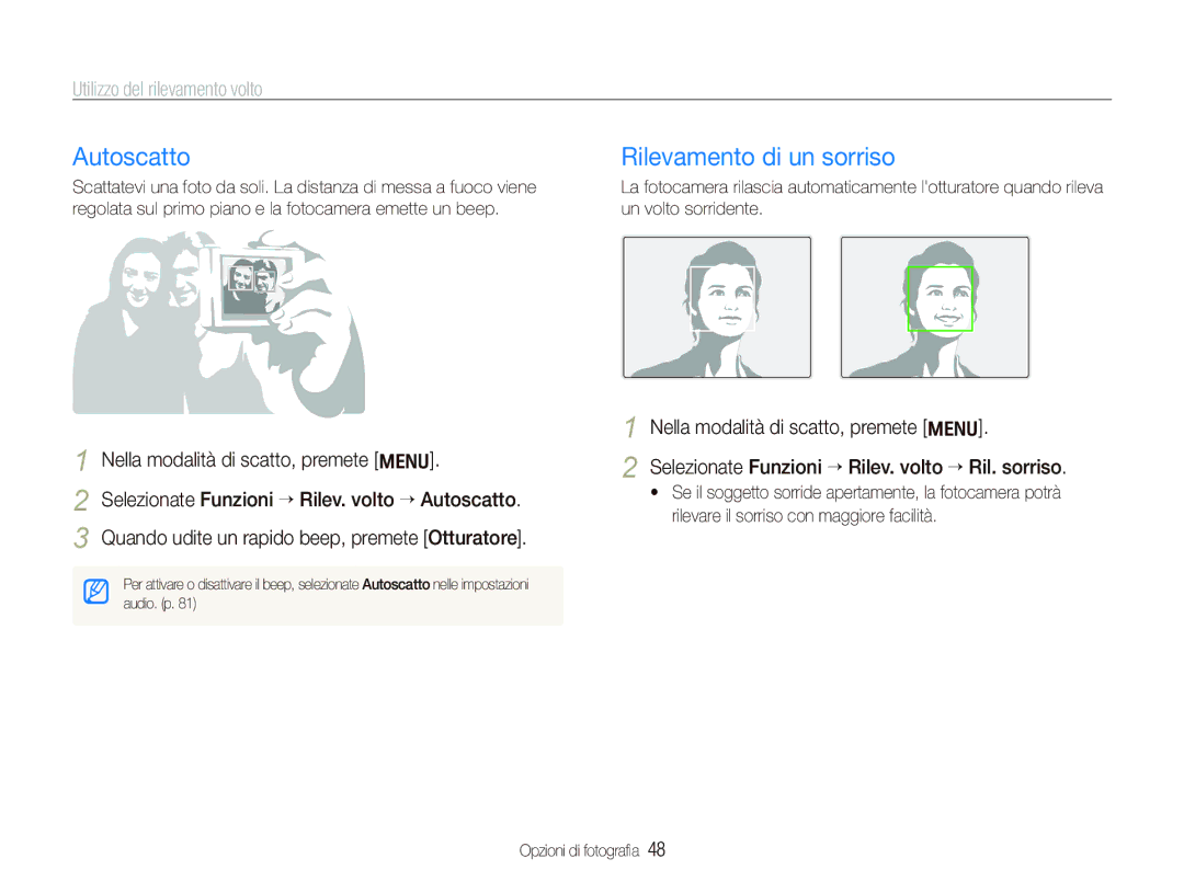 Samsung EC-WB1000BPSIT, EC-WB100SBP/IT manual Autoscatto, Rilevamento di un sorriso, Utilizzo del rilevamento volto 
