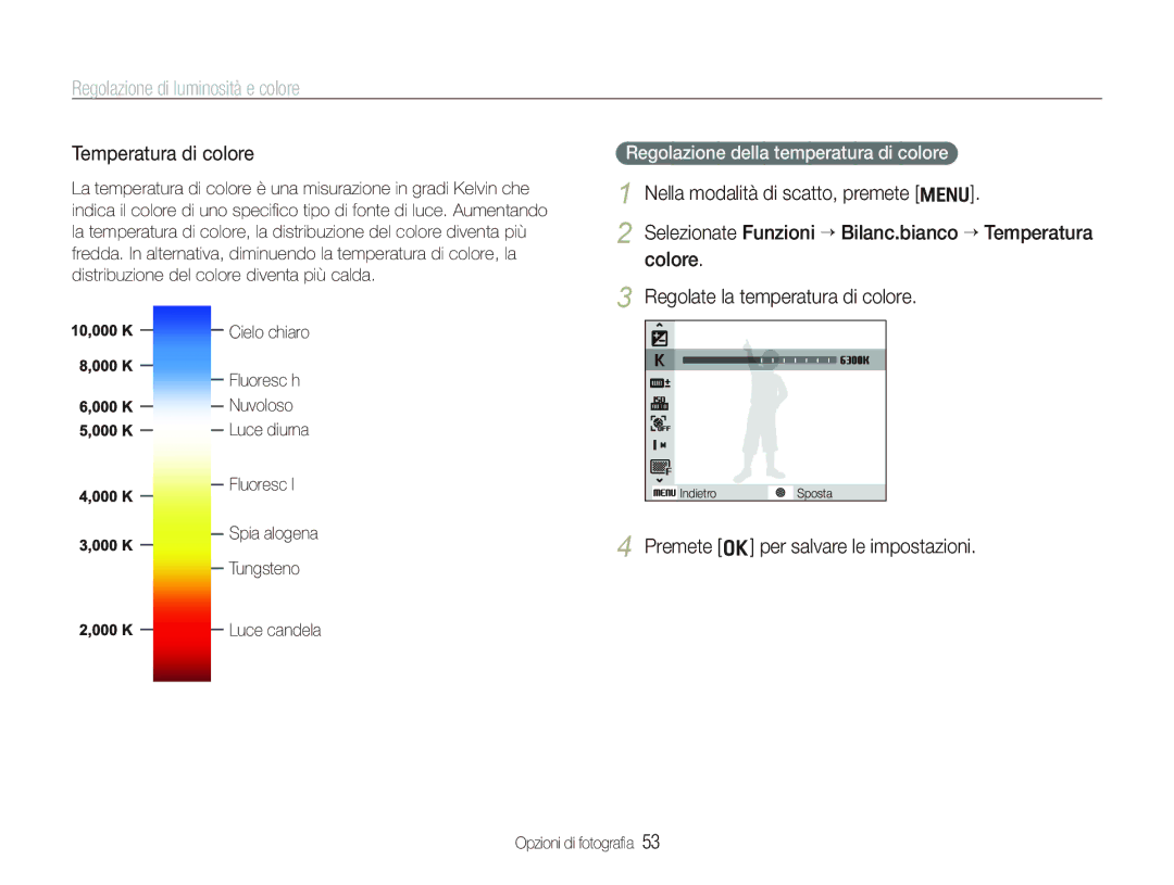 Samsung EC-WB100BBP/IT, EC-WB100SBP/IT manual Premete o per salvare le impostazioni, Regolazione della temperatura di colore 