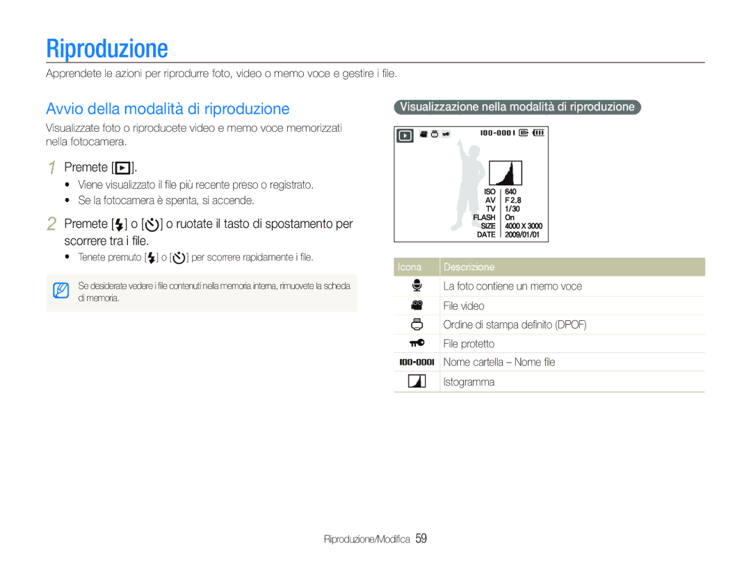 Samsung EC-WB100SBP/IT, EC-WB1000BPSIT, EC-WB100BBP/IT manual Riproduzione, Avvio della modalità di riproduzione, Premete P 