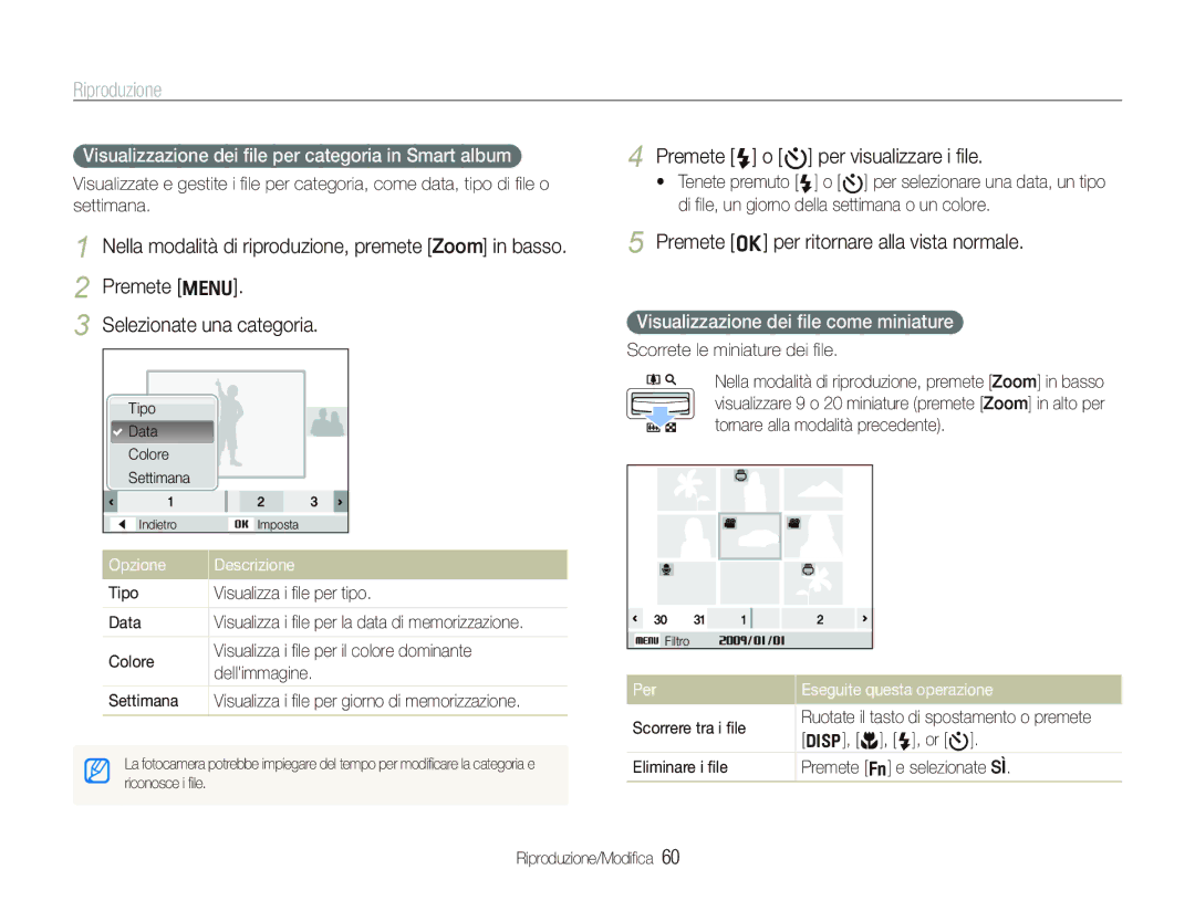 Samsung EC-WB1000BPSIT Riproduzione, Premete F o t per visualizzare i ﬁle, Premete o per ritornare alla vista normale 