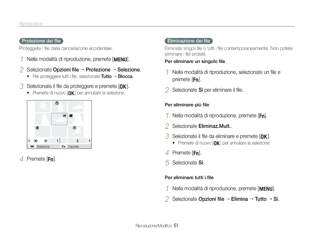 Samsung EC-WB100BBP/IT Selezionate il ﬁle da proteggere e premete o, Premete f Selezionate Sì, Protezione dei ﬁle 