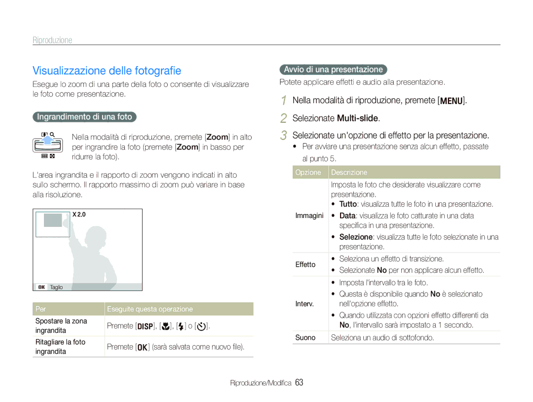 Samsung EC-WB100SBP/IT manual Visualizzazione delle fotograﬁe, Ingrandimento di una foto, Avvio di una presentazione 