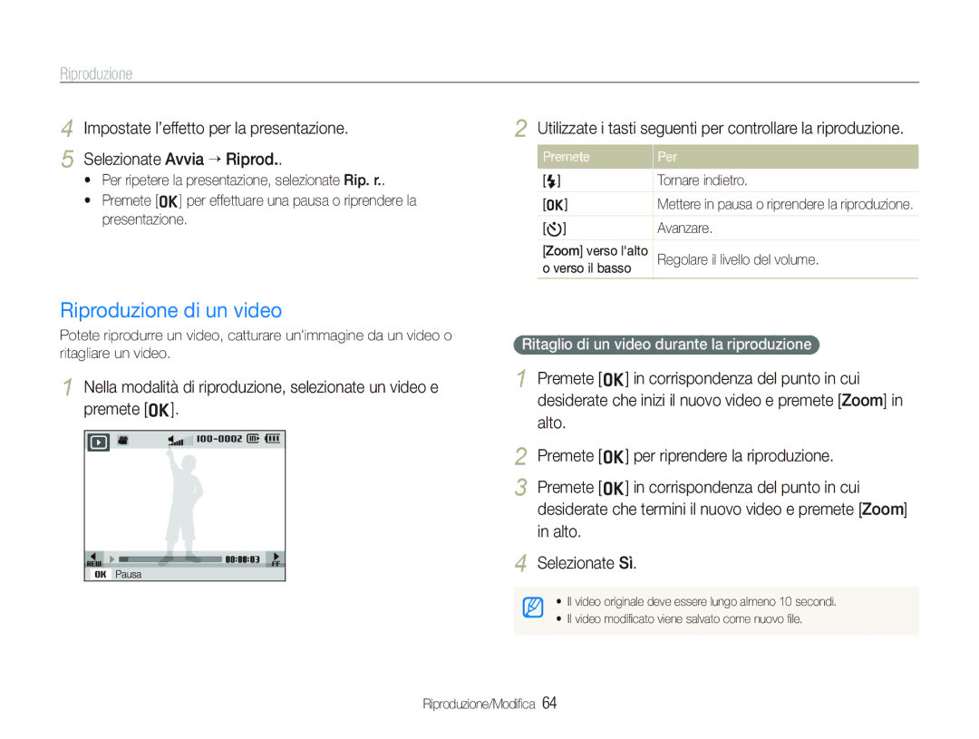 Samsung EC-WB1000BPSIT Riproduzione di un video, Utilizzate i tasti seguenti per controllare la riproduzione, Premete Per 