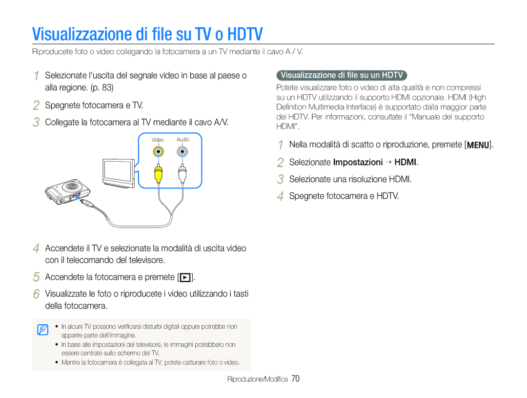 Samsung EC-WB1000BPBIT, EC-WB100SBP/IT manual Visualizzazione di ﬁle su TV o Hdtv, Visualizzazione di ﬁle su un Hdtv 