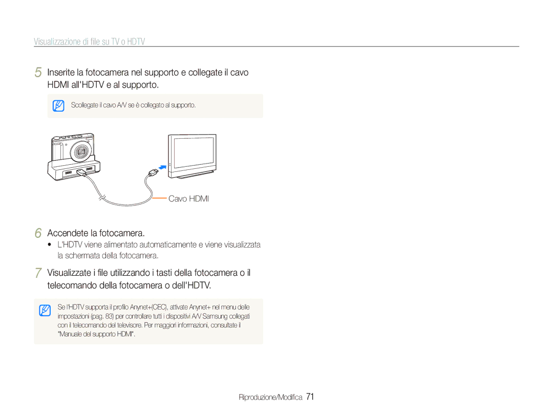 Samsung EC-WB100SBP/IT, EC-WB1000BPSIT manual Visualizzazione di ﬁle su TV o Hdtv, Accendete la fotocamera, Cavo Hdmi 