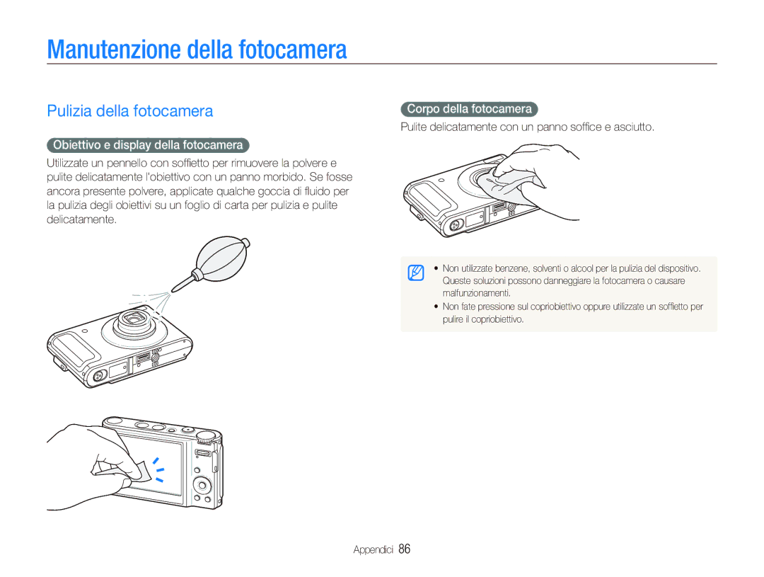 Samsung EC-WB1000BPBIT manual Manutenzione della fotocamera, Pulizia della fotocamera, Obiettivo e display della fotocamera 