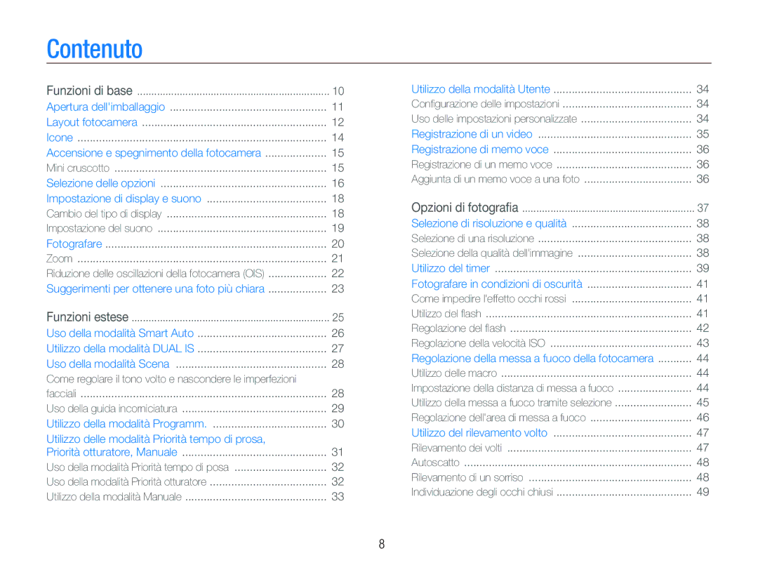 Samsung EC-WB1000BPSIT, EC-WB100SBP/IT, EC-WB100BBP/IT manual Contenuto, Utilizzo delle modalità Priorità tempo di prosa 