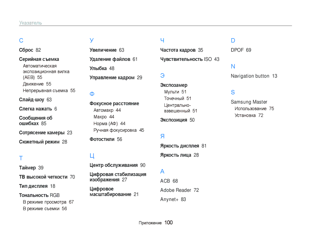 Samsung EC-WB1000BPBRU, EC-WB100SBP/RU Режиме просмотра Режиме съемки, Автомакр 44 Макро 44 Норма АФ 44 Ручная фокусировка 