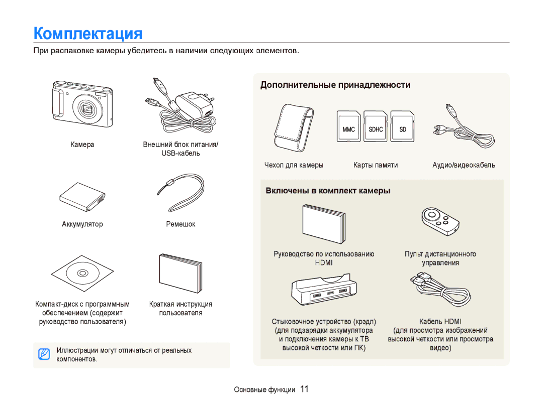 Samsung EC-WB100SBP/RU, EC-WB1000BPBRU manual Комплектация, Дополнительные принадлежности, Включены в комплект камеры 