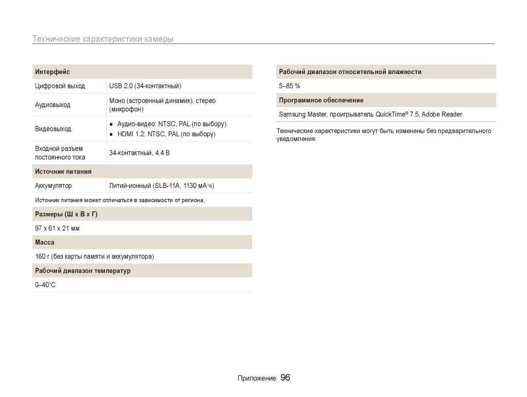 Samsung EC-WB1000BPBRU, EC-WB100SBP/RU, EC-WB100BBP/RU, EC-WB1000BPSRU manual Размеры Ш x В x Г 