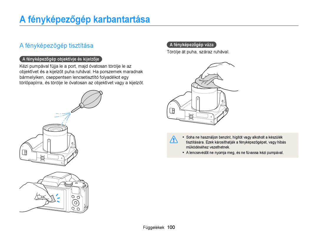 Samsung EC-WB100ZBABE3 manual Fényképezőgép karbantartása, Fényképezőgép tisztítása, Fényképezőgép objektívje és kijelzője 