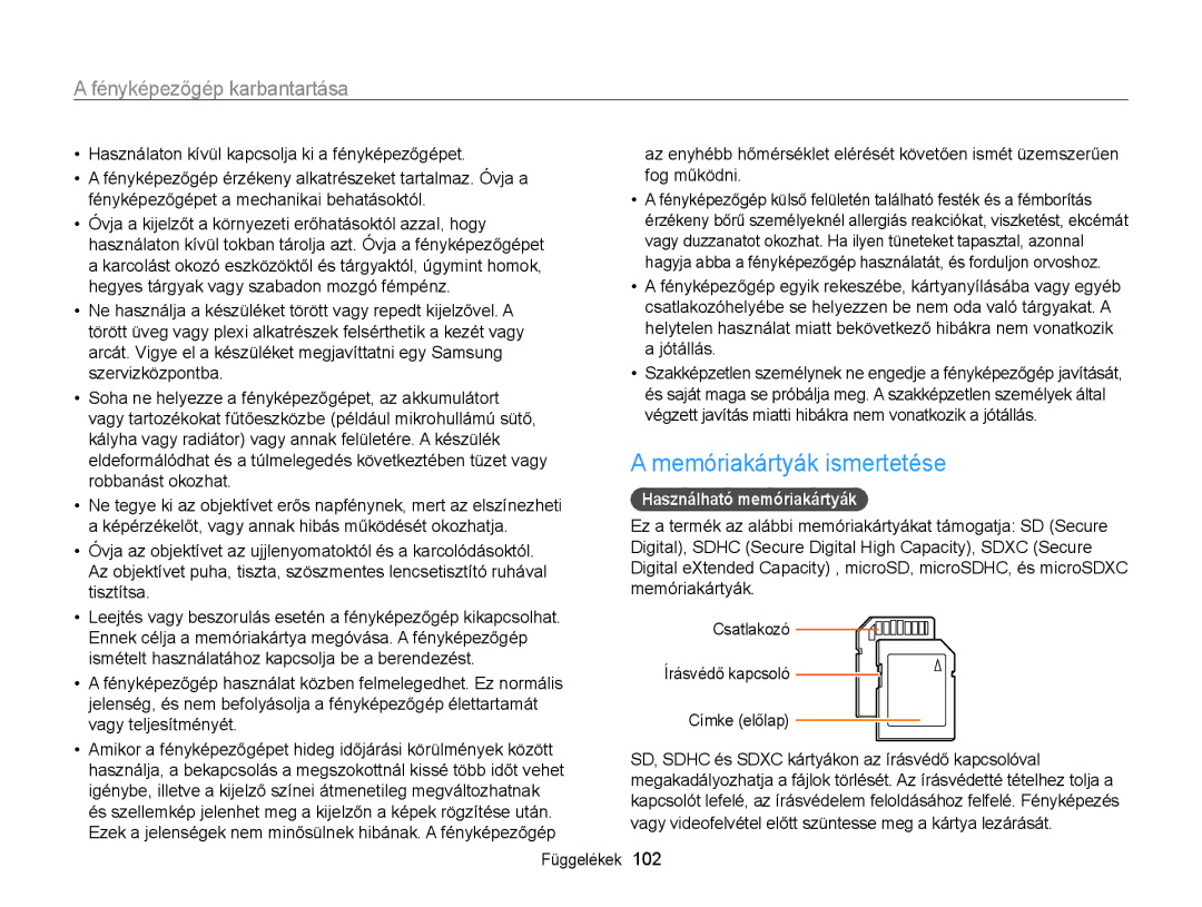 Samsung EC-WB100ZBABE2, EC-WB100ZBABE1, EC-WB100ZBABE3 manual Memóriakártyák ismertetése, Használható memóriakártyák, 102 