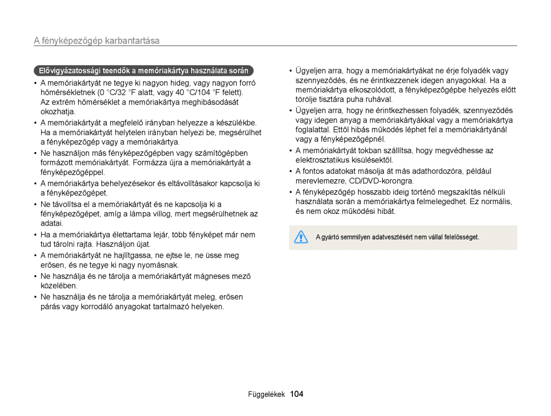 Samsung EC-WB100ZBABE3, EC-WB100ZBABE1, EC-WB100ZBARE3 manual Elővigyázatossági teendők a memóriakártya használata során 