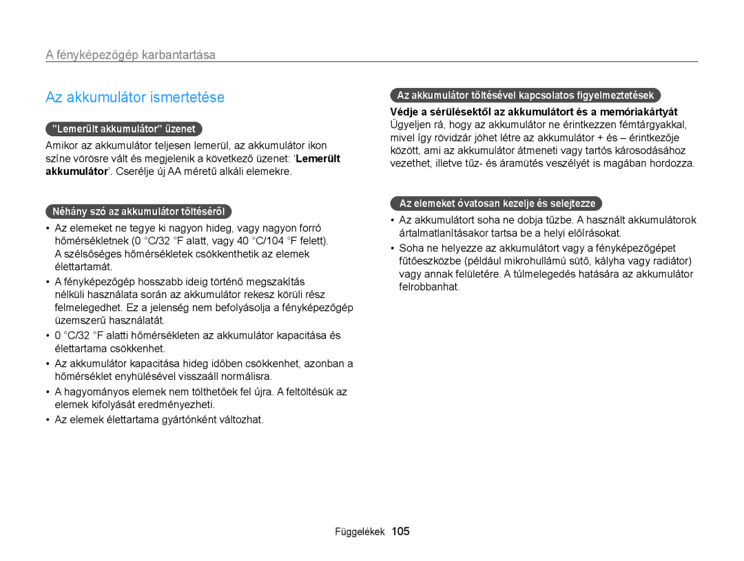 Samsung EC-WB100ZBARE3 manual Az akkumulátor ismertetése, Lemerült akkumulátor üzenet, Néhány szó az akkumulátor töltéséről 