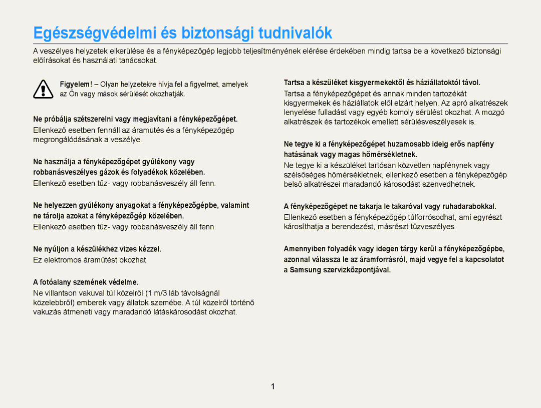 Samsung EC-WB100ZBARE3, EC-WB100ZBABE1, EC-WB100ZBABE3, EC-WB100ZBABE2 manual Egészségvédelmi és biztonsági tudnivalók 