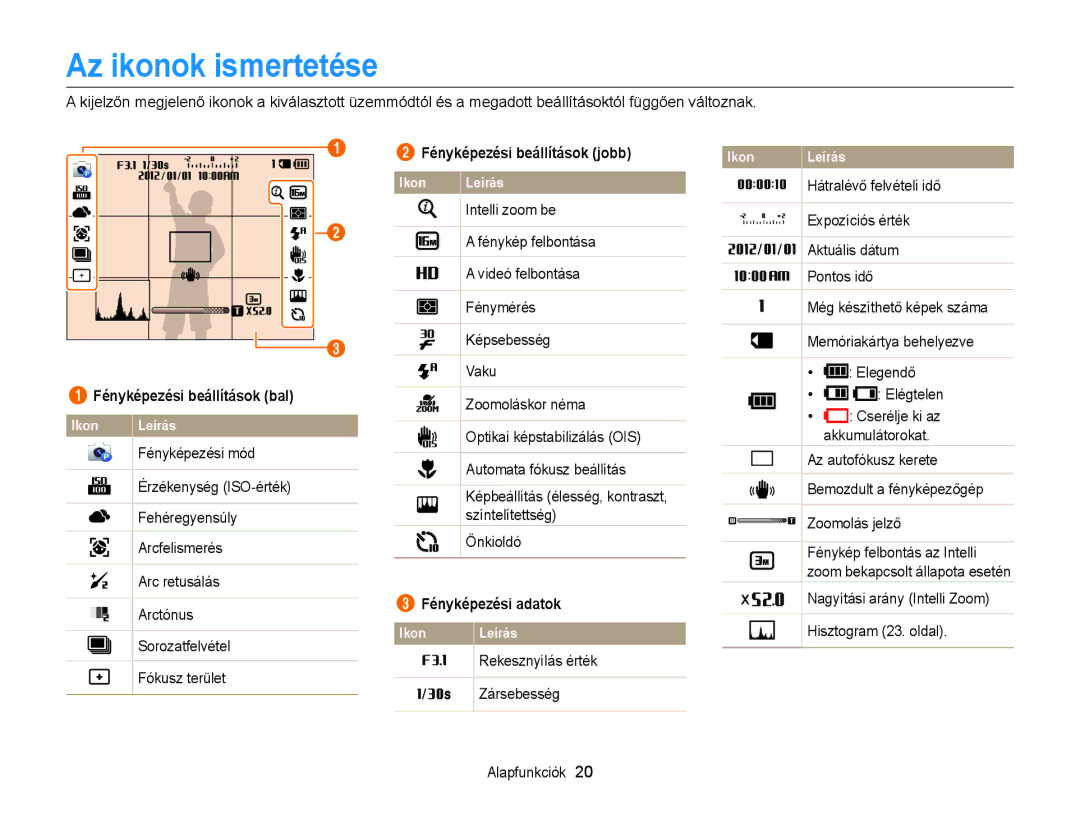 Samsung EC-WB100ZBABE3, EC-WB100ZBABE1 Az ikonok ismertetése, Fényképezési beállítások jobb, Fényképezési beállítások bal 