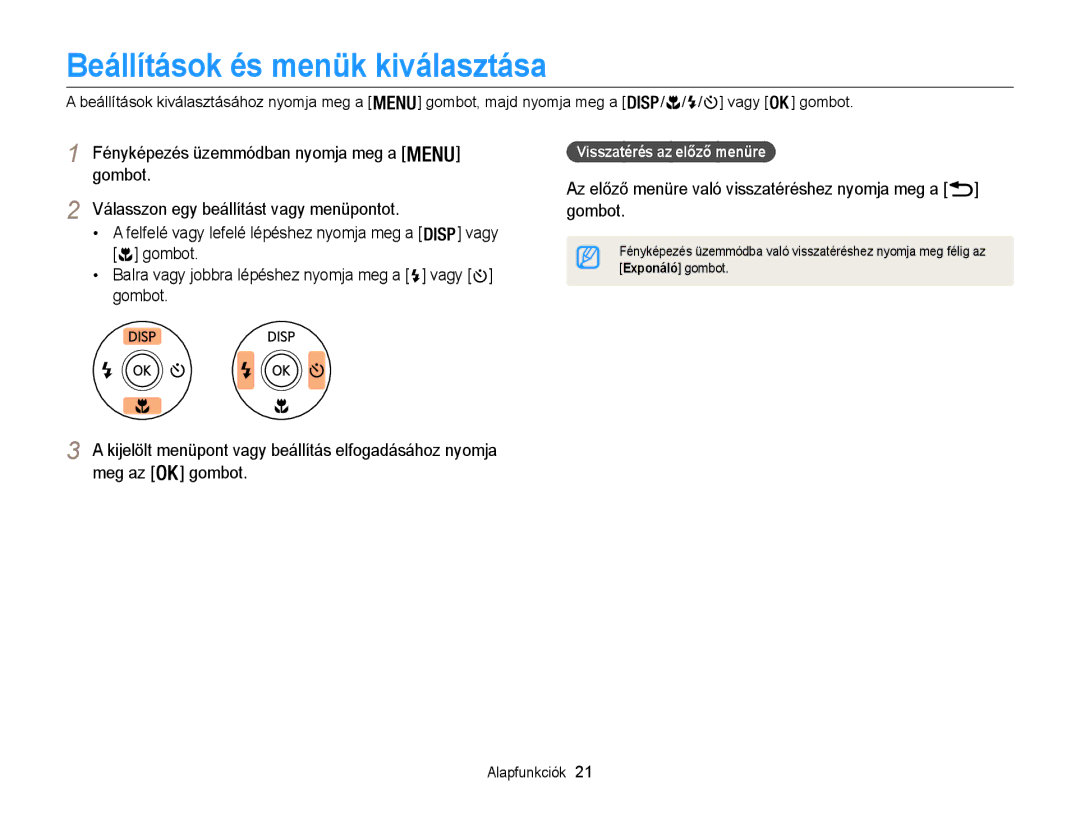 Samsung EC-WB100ZBARE3 manual Beállítások és menük kiválasztása, Gombot Balra vagy jobbra lépéshez nyomja meg a vagy gombot 