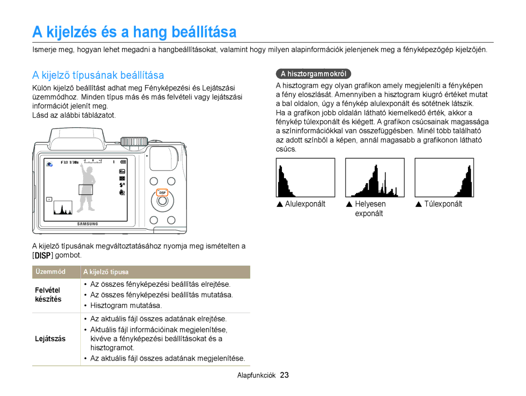 Samsung EC-WB100ZBABE1, EC-WB100ZBABE3 manual Kijelzés és a hang beállítása, Kijelző típusának beállítása, Hisztorgammokról 