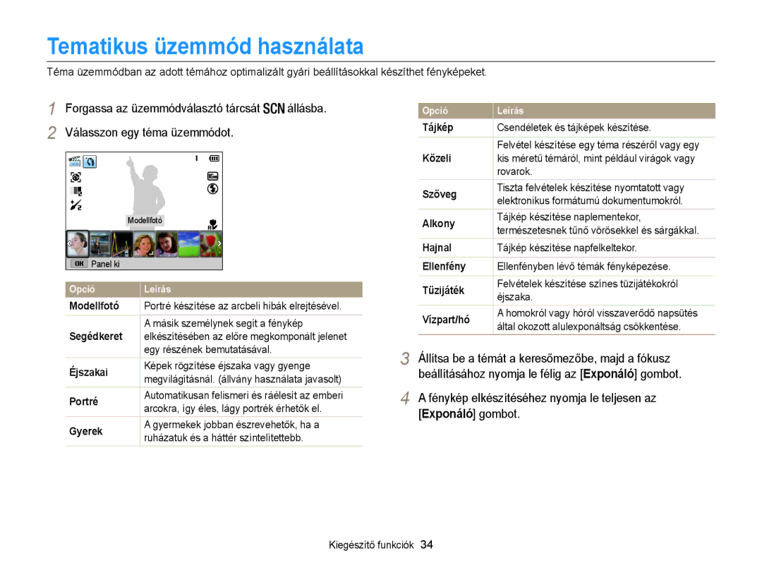 Samsung EC-WB100ZBABE2, EC-WB100ZBABE1, EC-WB100ZBABE3 manual Tematikus üzemmód használata, Válasszon egy téma üzemmódot 