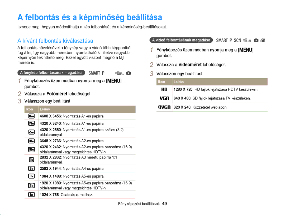 Samsung EC-WB100ZBARE3, EC-WB100ZBABE1, EC-WB100ZBABE3 Felbontás és a képminőség beállítása, Kívánt felbontás kiválasztása 