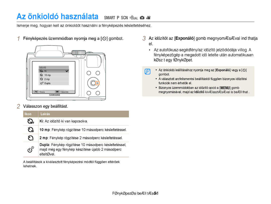 Samsung EC-WB100ZBABE1 Az önkioldó használata, Fényképezés üzemmódban nyomja meg a gombot, Ki Az időzítő ki van kapcsolva 