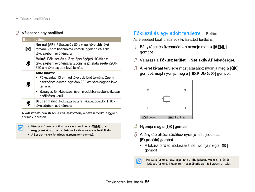 Samsung EC-WB100ZBABE3, EC-WB100ZBABE1, EC-WB100ZBARE3 Fókuszálás egy adott területre, Fókusz beállítása,  / / / gombot 