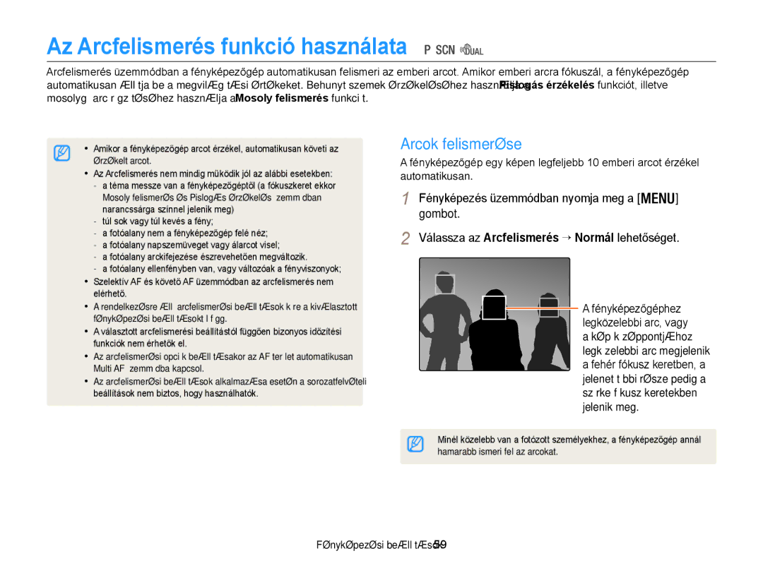 Samsung EC-WB100ZBABE1, EC-WB100ZBABE3 manual Az Arcfelismerés funkció használata, Arcok felismerése, Fényképezőgéphez 