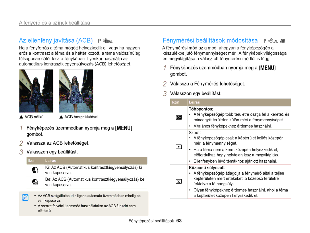 Samsung EC-WB100ZBABE1 manual Az ellenfény javítása ACB, Fénymérési beállítások módosítása, Fényerő és a színek beállítása 