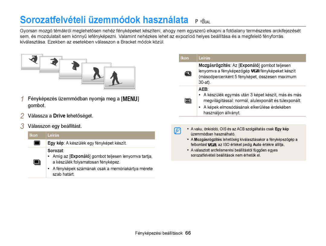 Samsung EC-WB100ZBABE2 Sorozatfelvételi üzemmódok használata, Fényképek számának csak a memóriakártya mérete szab határt 