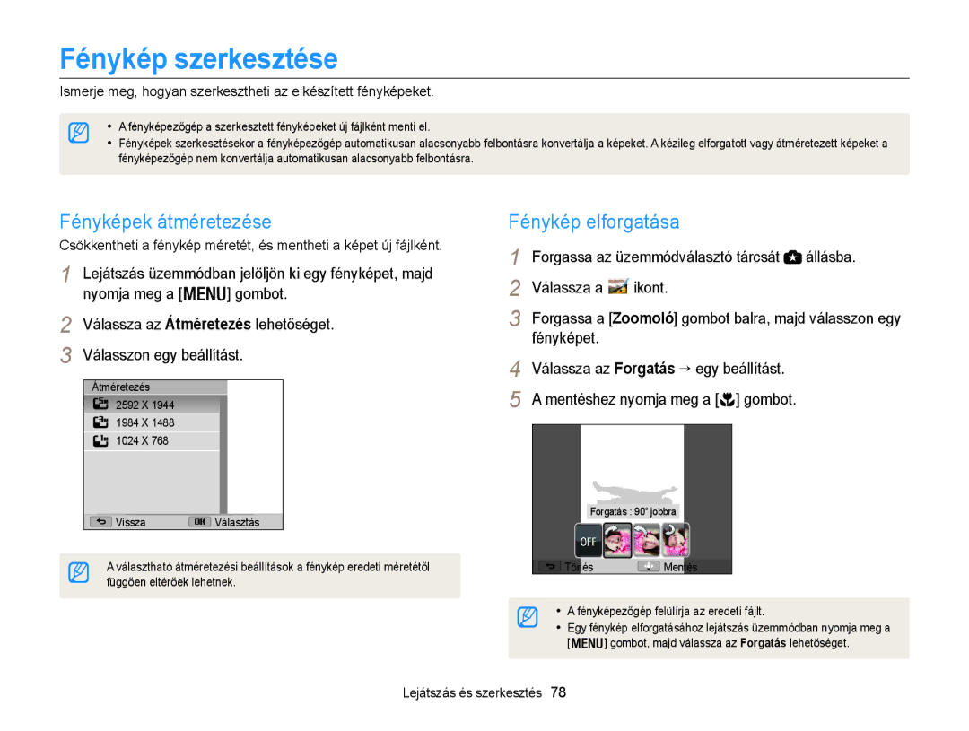 Samsung EC-WB100ZBABE2, EC-WB100ZBABE1, EC-WB100ZBABE3 Fénykép szerkesztése, Fényképek átméretezése, Fénykép elforgatása 