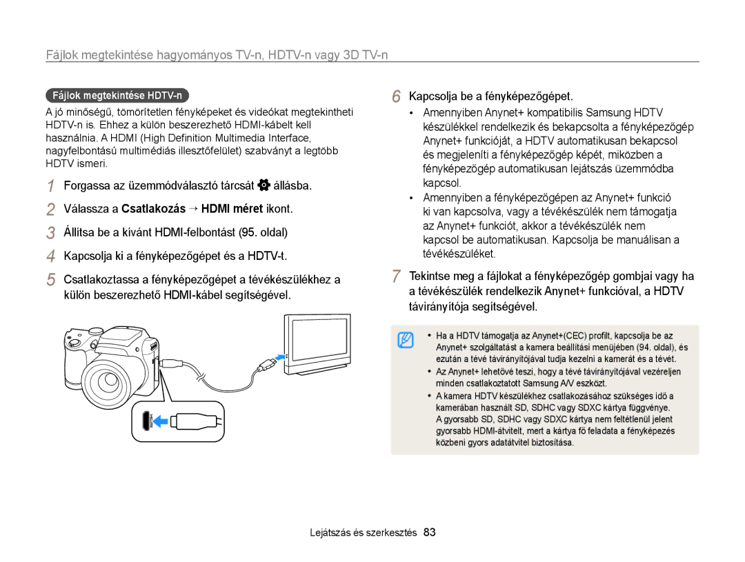 Samsung EC-WB100ZBABE1 manual Fájlok megtekintése hagyományos TV-n, HDTV-n vagy 3D TV-n, Fájlok megtekintése HDTV-n 