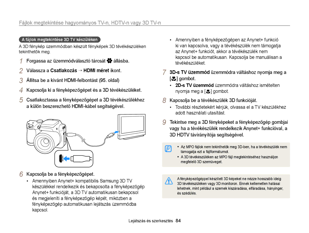 Samsung EC-WB100ZBABE3, EC-WB100ZBABE1, EC-WB100ZBARE3 manual Fájlok megtekintése 3D TV készüléken, Megfelelő 3D szemüveget 