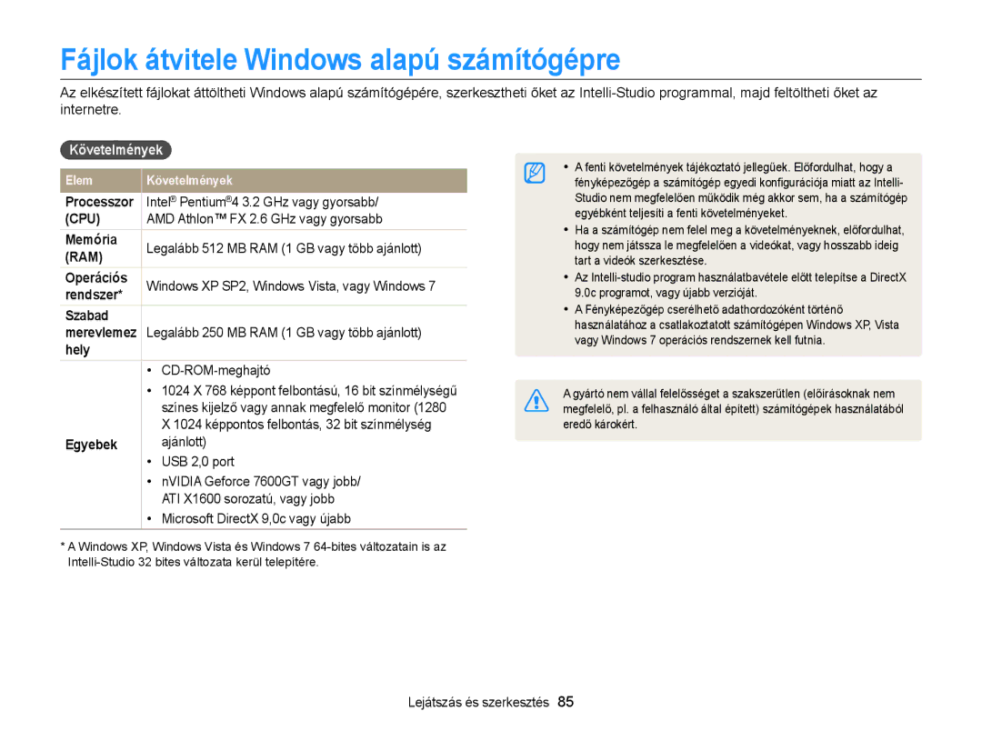 Samsung EC-WB100ZBARE3, EC-WB100ZBABE1, EC-WB100ZBABE3 manual Fájlok átvitele Windows alapú számítógépre, Követelmények 