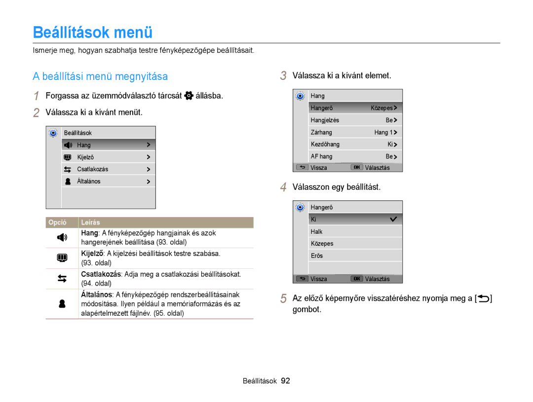 Samsung EC-WB100ZBABE3, EC-WB100ZBABE1 manual Beállítások menü, Beállítási menü megnyitása, Válassza ki a kívánt menüt 