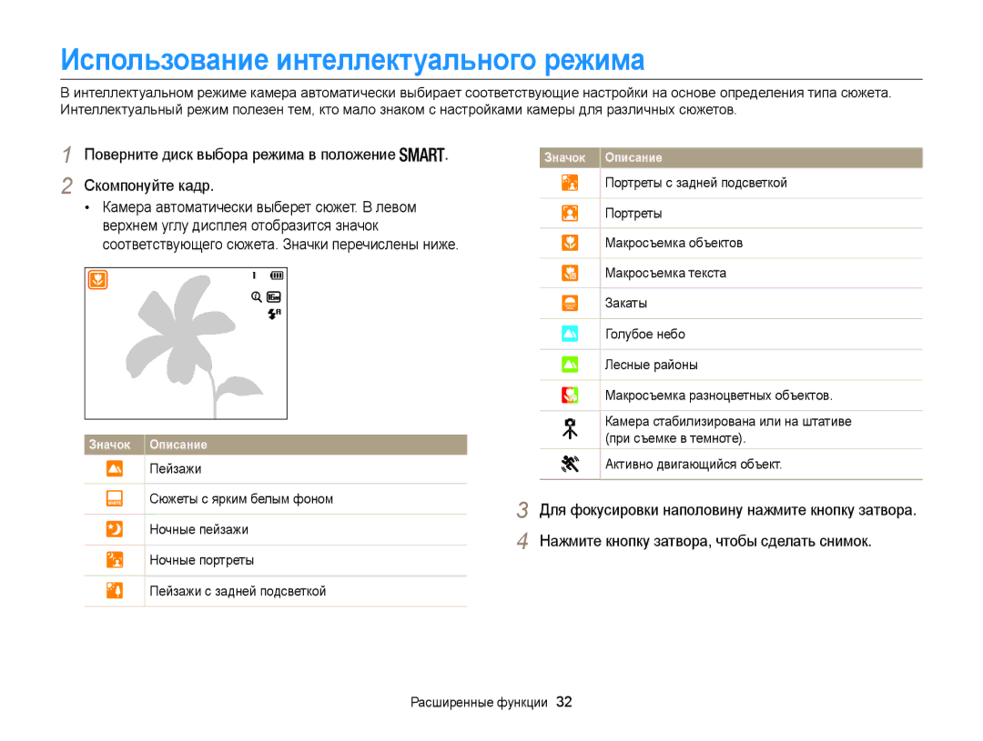 Samsung EC-WB100ZBARE2, EC-WB100ZBABE2, EC-WB100ZBABRU manual Использование интеллектуального режима, Расширенные функции 