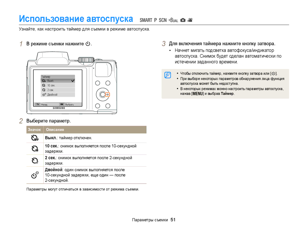 Samsung EC-WB100ZBABE2, EC-WB100ZBARE2 Использование автоспуска, Автоспуска может быть недоступна, Нажав Выбрав Таймер 