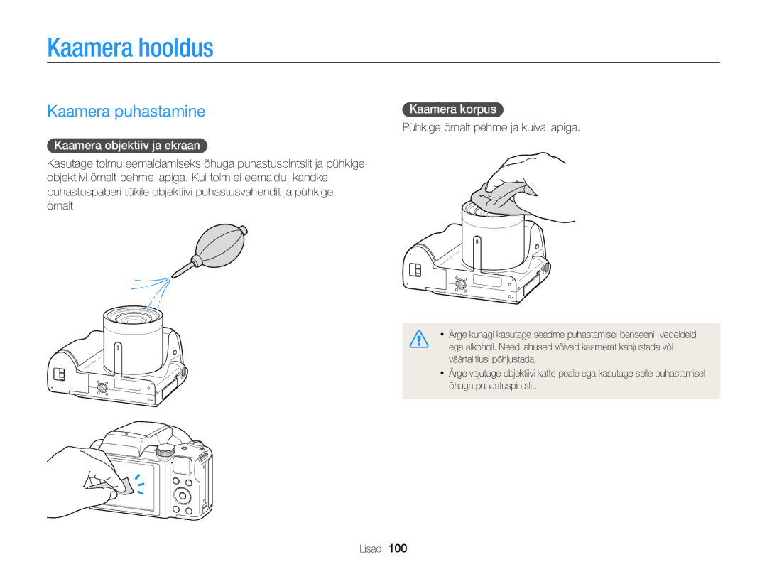 Samsung EC-WB100ZBARE2, EC-WB100ZBABE2 Kaamera hooldus, Kaamera puhastamine, Kaamera objektiiv ja ekraan, Kaamera korpus 