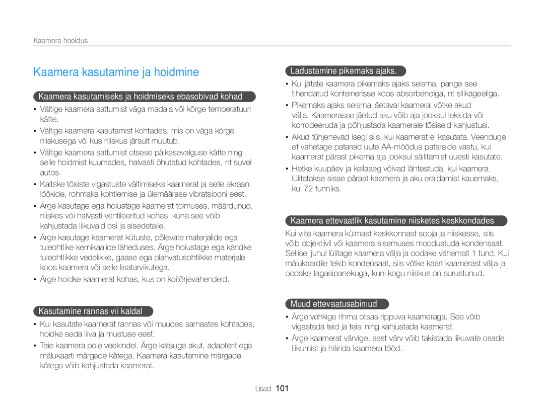 Samsung EC-WB100ZBABE2, EC-WB100ZBARE2 manual Kaamera kasutamine ja hoidmine, Kaamera hooldus 