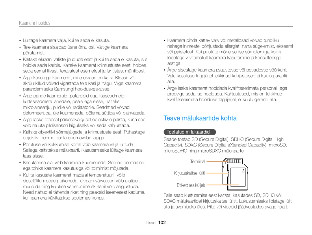 Samsung EC-WB100ZBARE2, EC-WB100ZBABE2 manual Teave mälukaartide kohta, Toetatud mälukaardid 