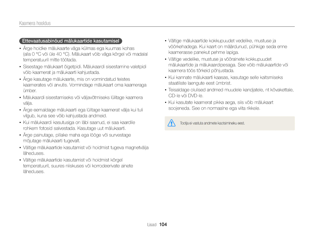 Samsung EC-WB100ZBARE2, EC-WB100ZBABE2 manual Ettevaatusabinõud mälukaartide kasutamisel 