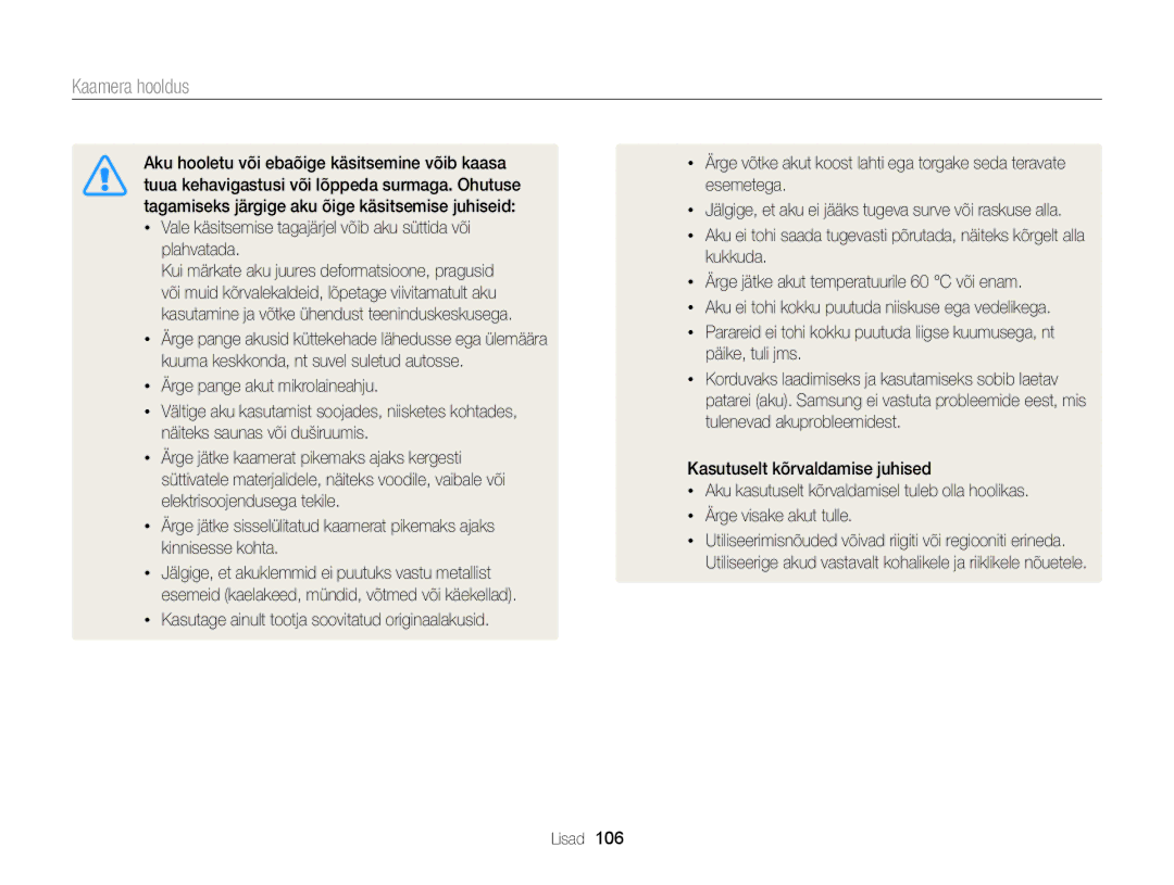Samsung EC-WB100ZBARE2, EC-WB100ZBABE2 manual Vale käsitsemise tagajärjel võib aku süttida või plahvatada 