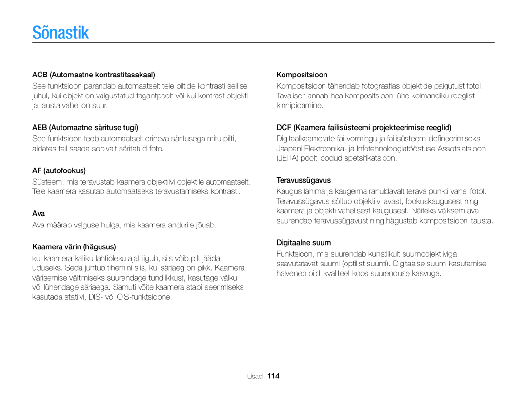 Samsung EC-WB100ZBARE2, EC-WB100ZBABE2 manual Sõnastik, Teravussügavus, Digitaalne suum 