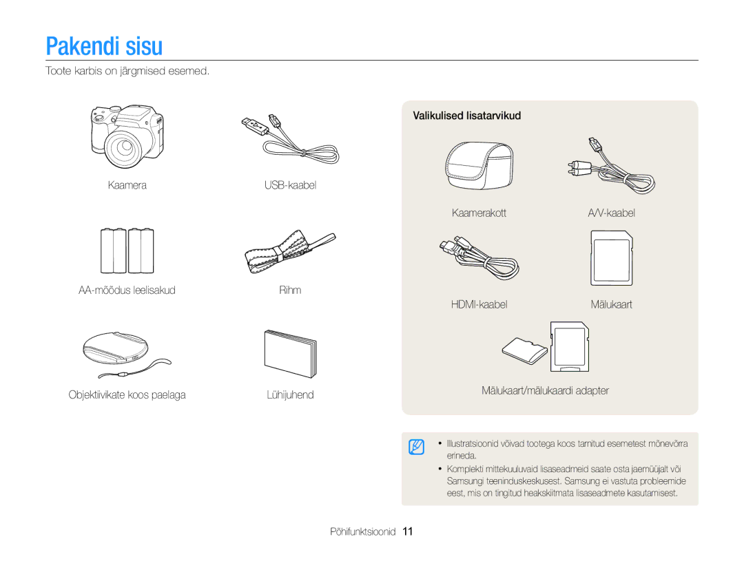 Samsung EC-WB100ZBABE2 manual Pakendi sisu, HDMI-kaabelMälukaart Objektiivikate koos paelaga Lühijuhend, Põhifunktsioonid 