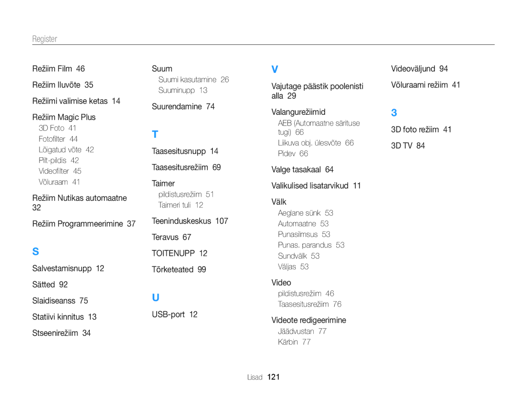 Samsung EC-WB100ZBABE2, EC-WB100ZBARE2 Suumi kasutamine 26 Suuminupp, Pildistusrežiim 51 Taimeri tuli, Jäädvustan Kärbin 