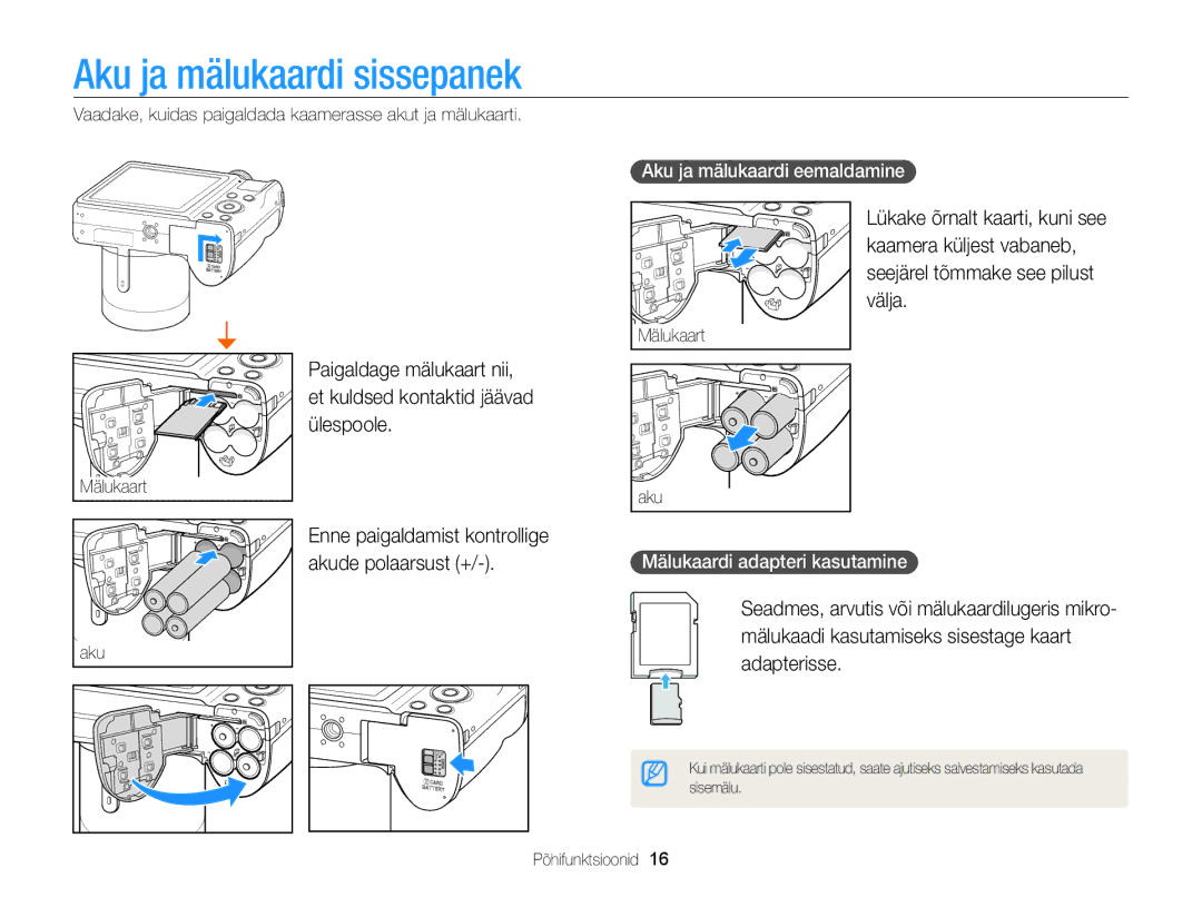 Samsung EC-WB100ZBARE2 Aku ja mälukaardi sissepanek, Paigaldage mälukaart nii, Ülespoole, Aku ja mälukaardi eemaldamine 