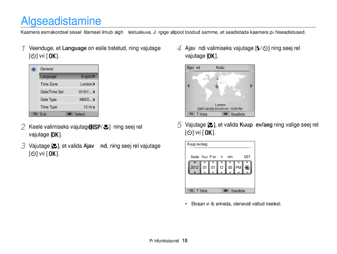 Samsung EC-WB100ZBARE2, EC-WB100ZBABE2 Algseadistamine, Veenduge, et Language on esile tõstetud, ning vajutage või, Või 