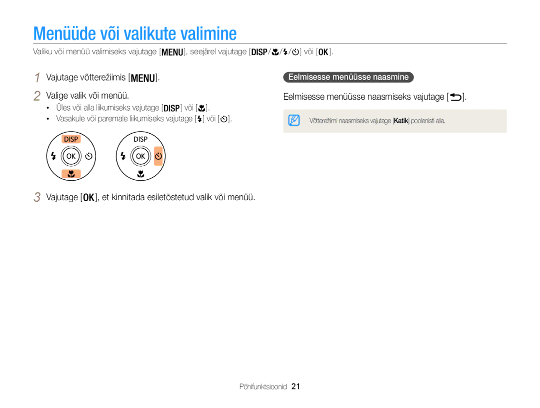 Samsung EC-WB100ZBABE2, EC-WB100ZBARE2 manual Menüüde või valikute valimine, Vajutage võtterežiimis Valige valik või menüü 