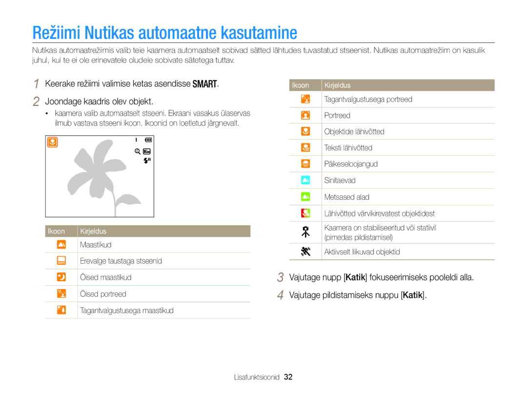 Samsung EC-WB100ZBARE2, EC-WB100ZBABE2 manual Režiimi Nutikas automaatne kasutamine 