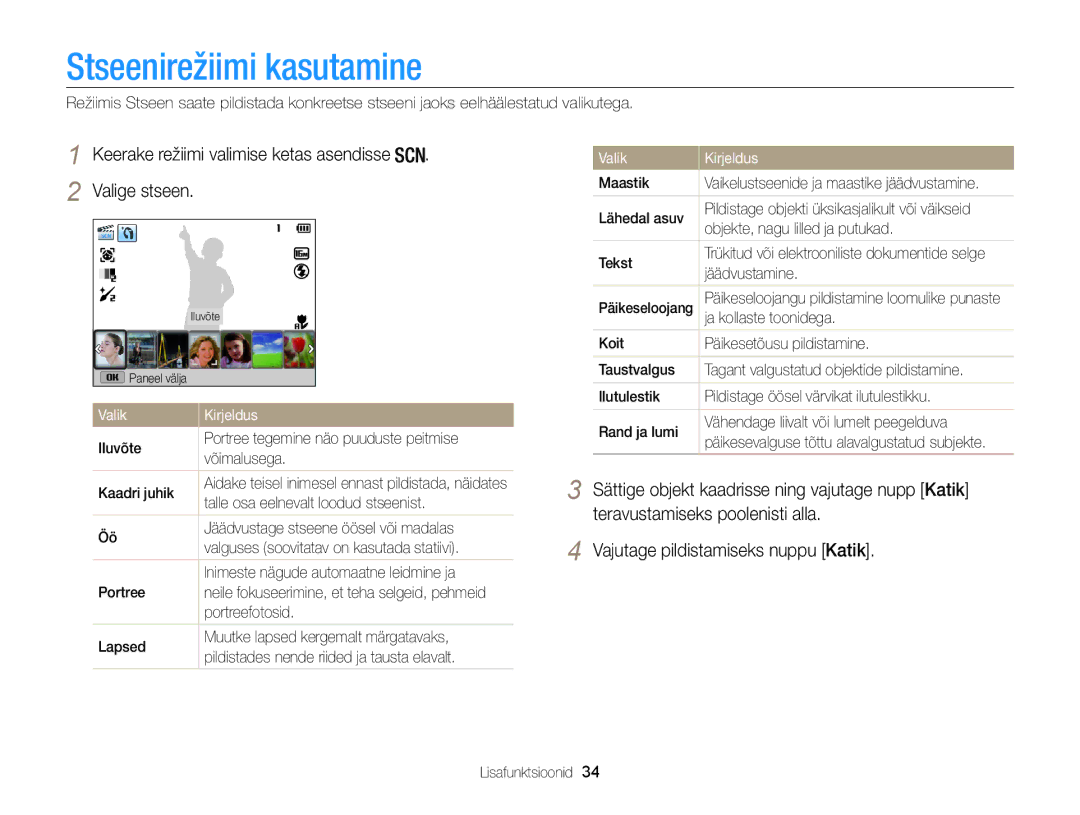 Samsung EC-WB100ZBARE2, EC-WB100ZBABE2 Stseenirežiimi kasutamine, Keerake režiimi valimise ketas asendisse Valige stseen 